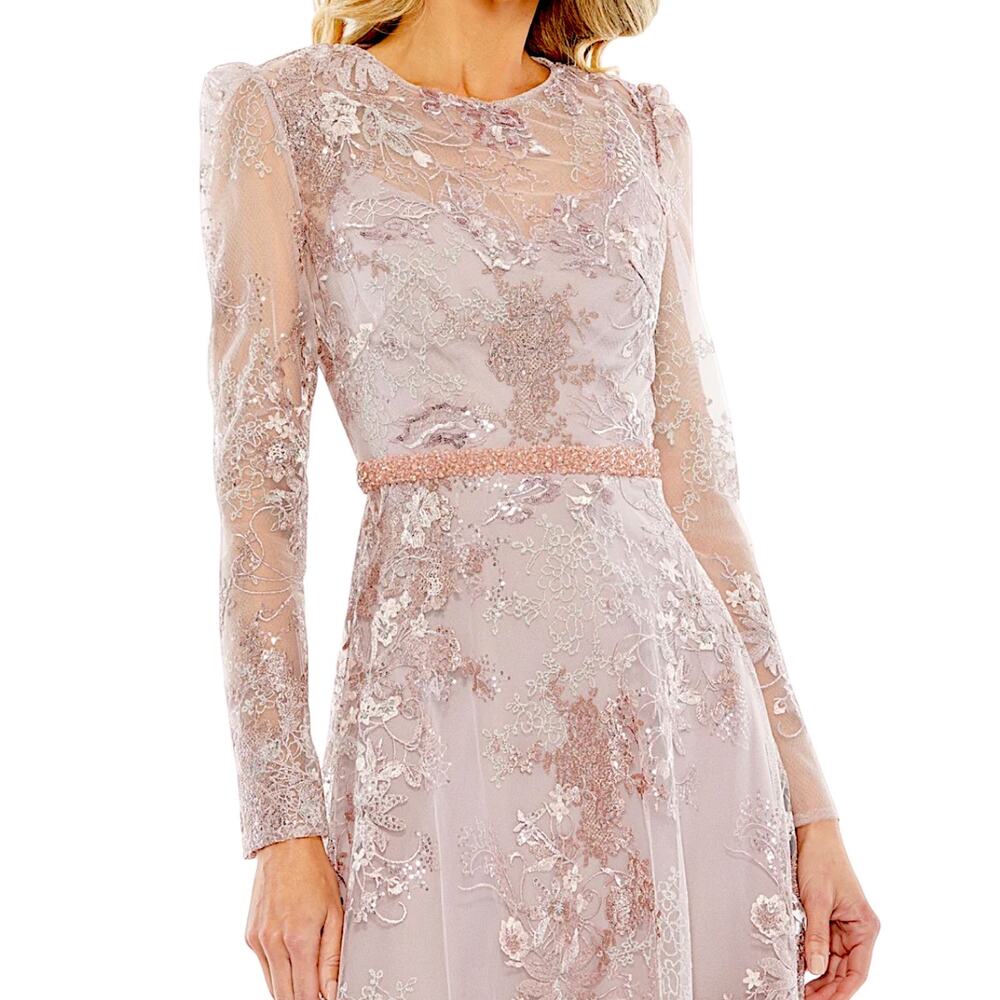 Mac Duggal Embellished Illusion Long Sleeve Midi Dress Rose Size 22 - Picture 3 of 13